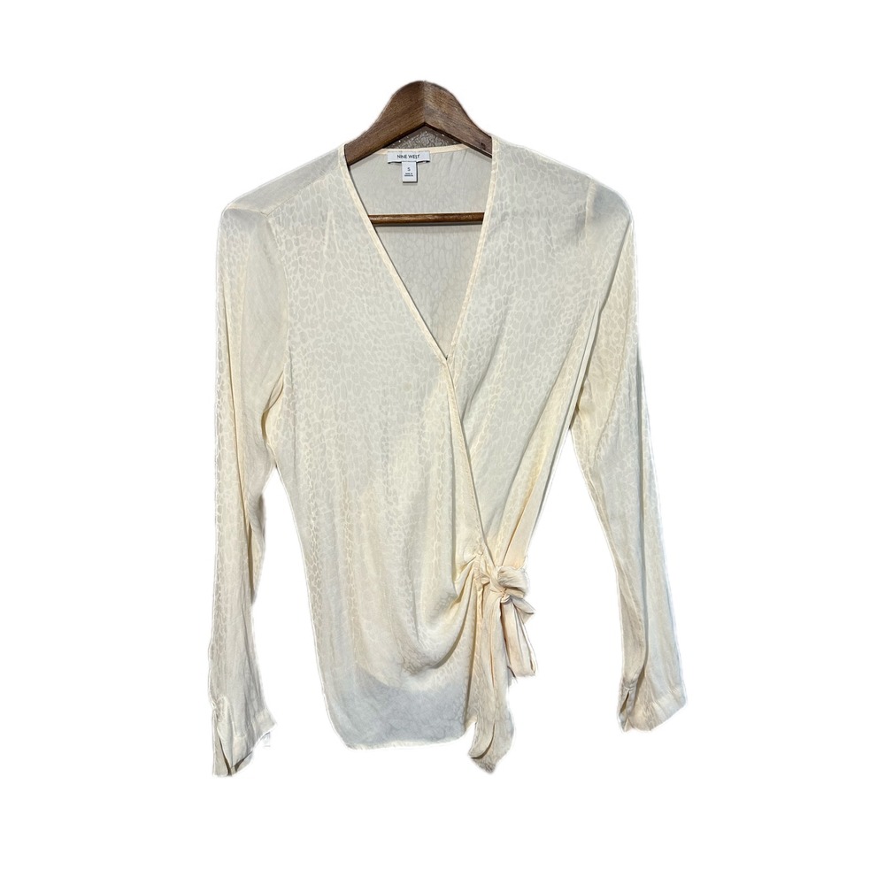 Nine West Wrap Blouse Women S Cream Excellent Leopard‎ Jacquard Tie Side Top